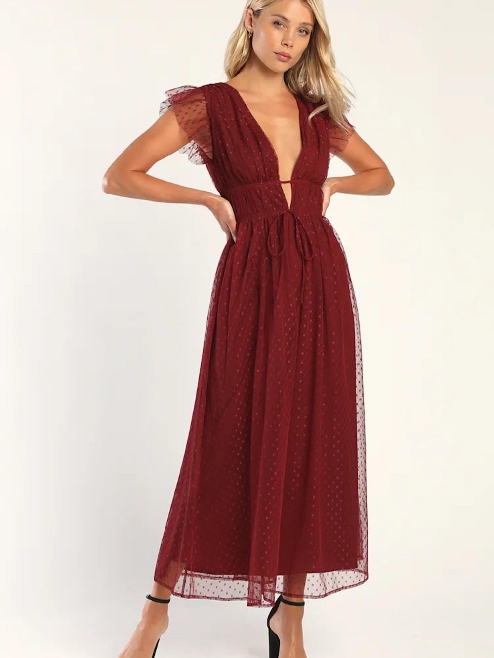 Lulu's Burgundy Dotted Mesh Maxi Dress with Plunge